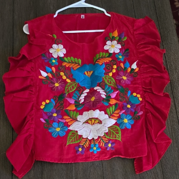Red Embroidered Floral Ruffle Women's Top - Picture 2 of 16